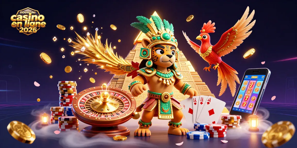 Cette illustration montre un jaguar prêtre et des éléments de casino, représentant le nouveau casino en ligne 2026.