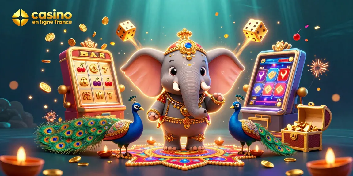 Jouer au casino en ligne France avec un éléphant décoré et une machine à sous explosive.