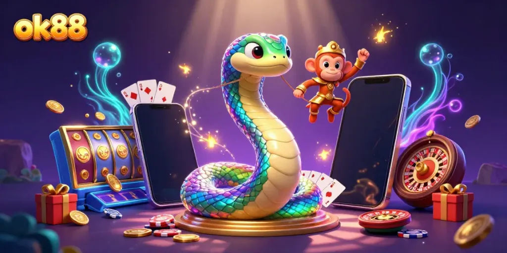 Experience thrilling encounters at ok88 featuring a vibrant 3D casino scene with a rainbow serpent and monkey king.