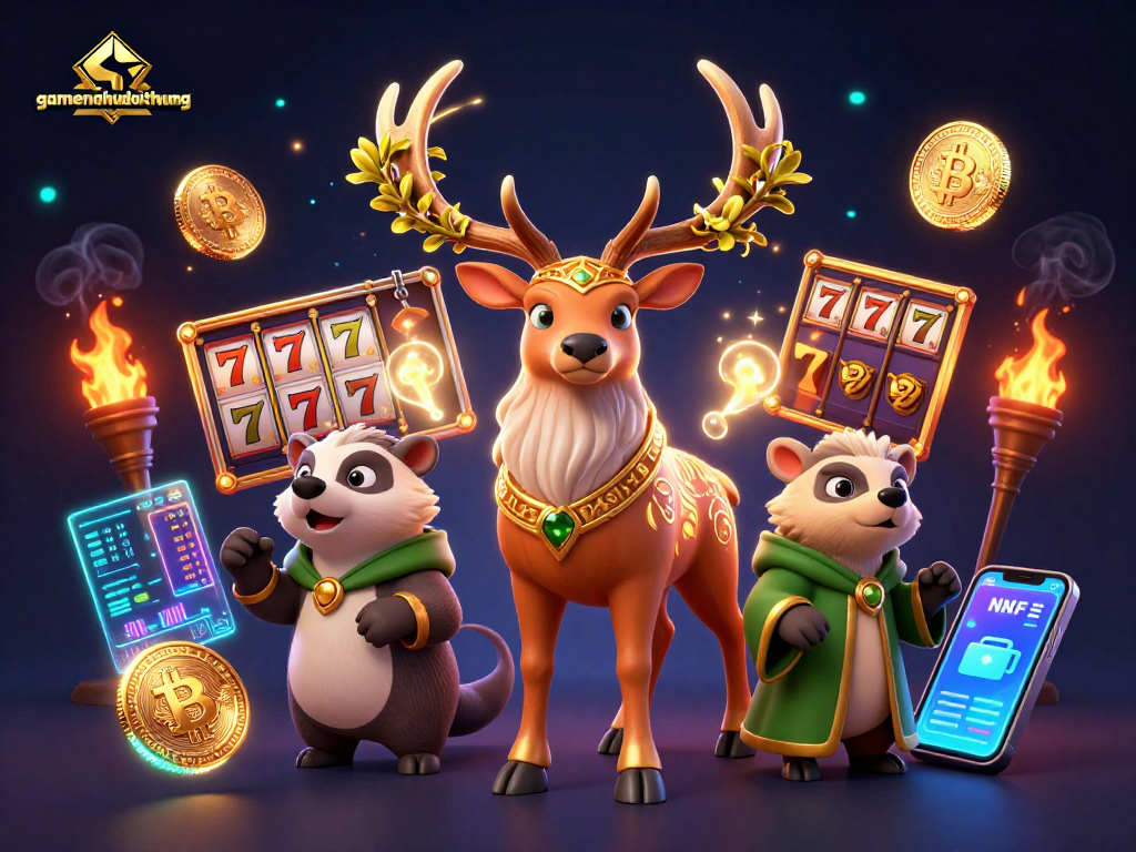 Spin the reels in gamenohudoithuong's vibrant jackpot scene filled with mystical characters and crypto elements.