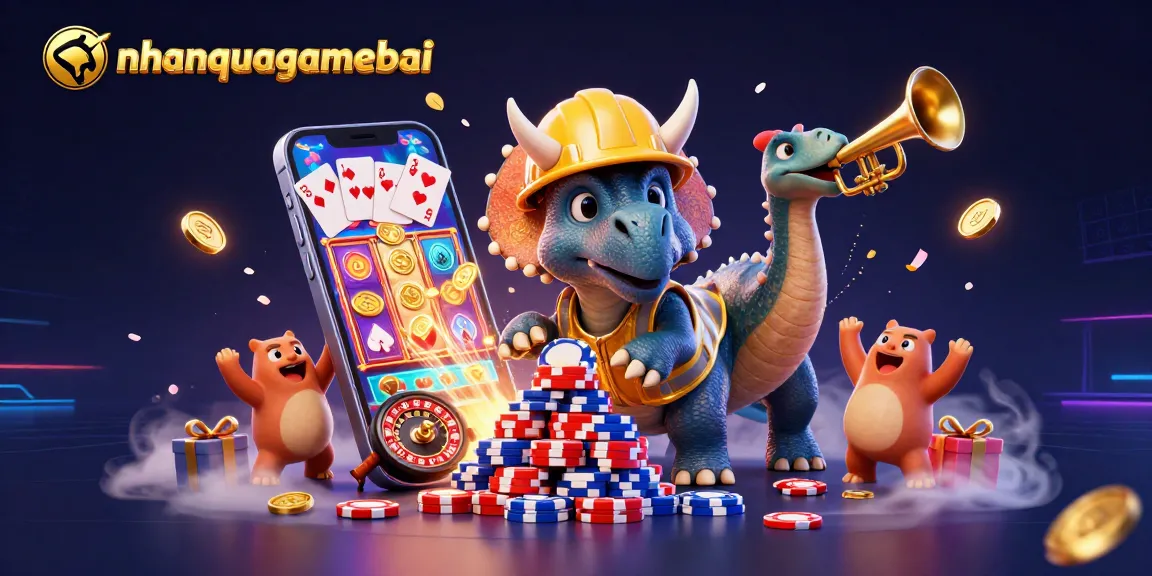 Join the excitement at nhanquagamebai with a fun-filled scene featuring animated characters celebrating a dynamic card game.