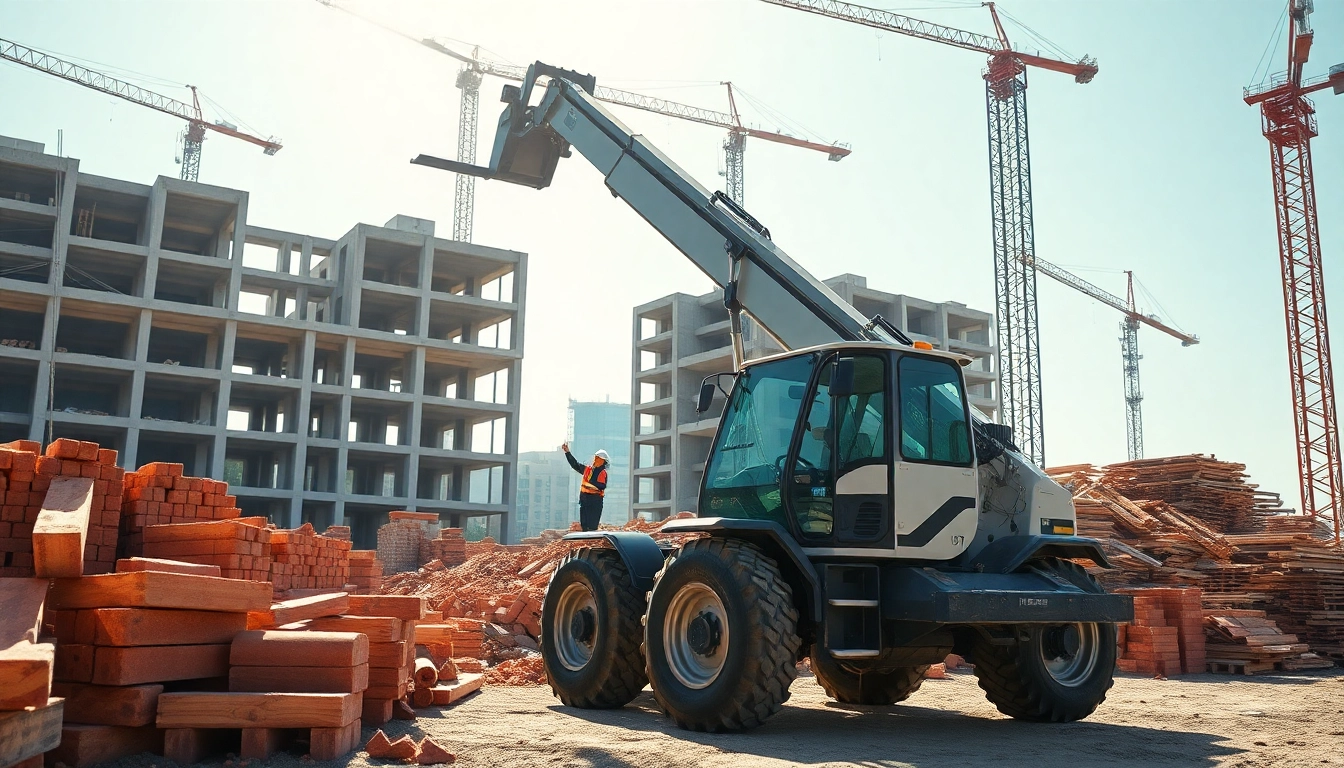 Telehandler lifting materials at a construction site demonstrating heavy lifting capabilities.