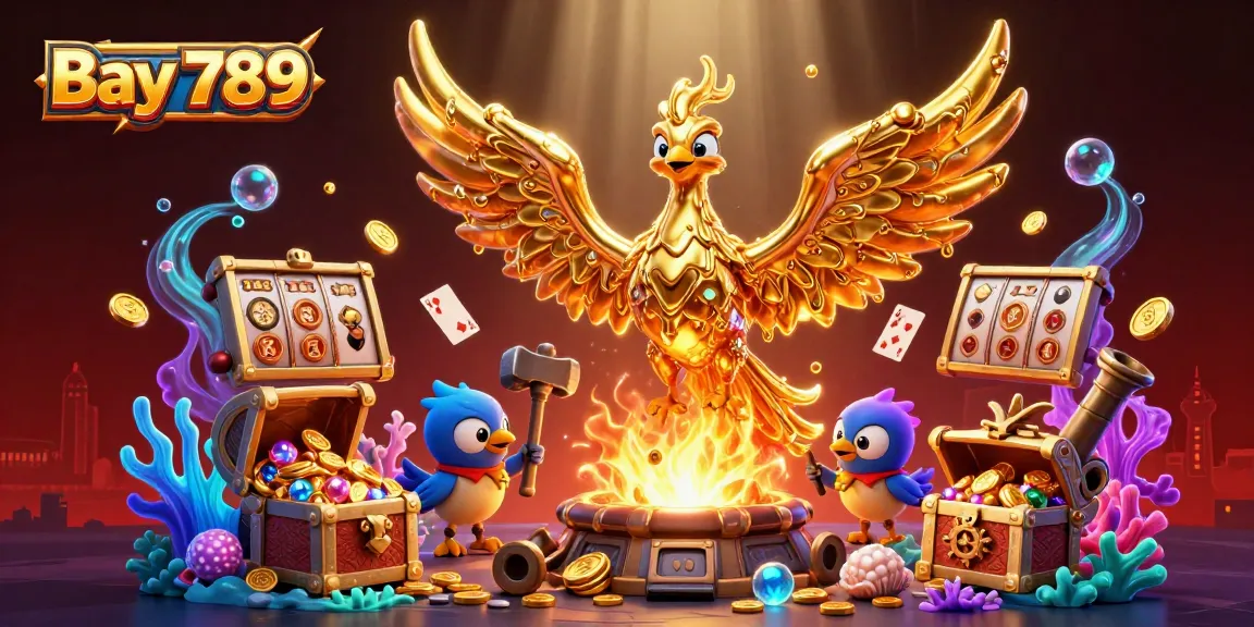 Experience thrilling gameplay at Bay 789 with a vibrant, gold-themed casino scene bursting with excitement and prizes.