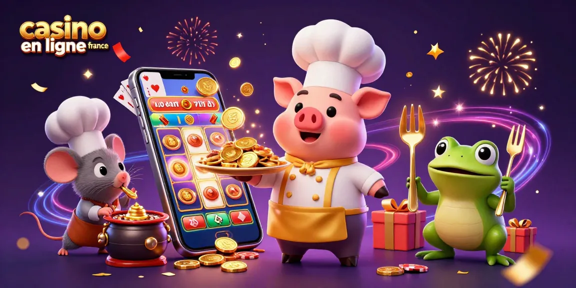 Joignez les personnages ludiques au casino en ligne France avec des pièces d'or et un smartphone illustratif.