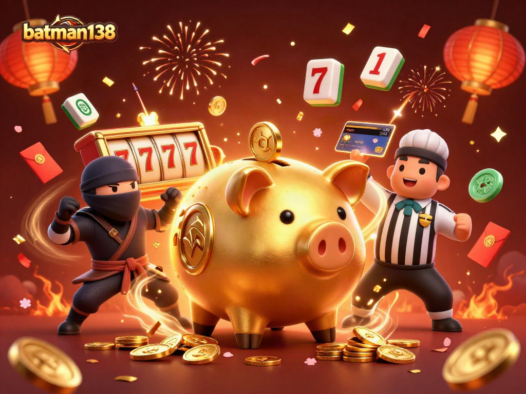Join the excitement at batman138 with a dynamic gaming illustration featuring vibrant slot scenes.