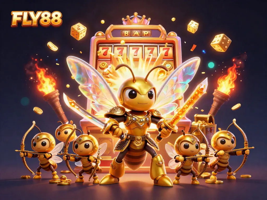FLY88 showcases a vibrant casino scene with a golden hornet in samurai armor amidst a jackpot explosion, embodying thrilling gaming.