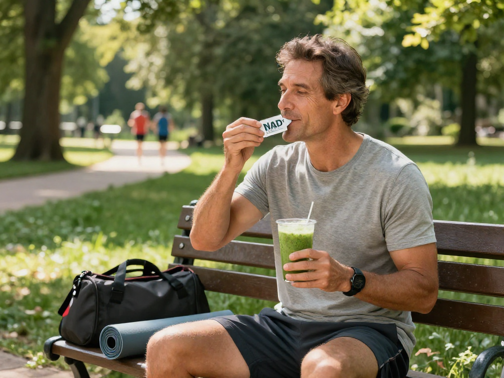 NAD+ Benefits illustrated through a person enjoying NAD+ Buccal Strips outdoors, promoting health and vitality.