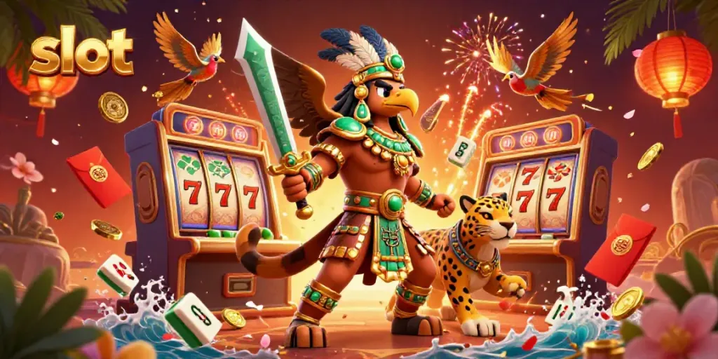 Menangkan di slot dengan ilustrasi 3D pejuang Aztec dan simbol jackpot yang spektakuler.