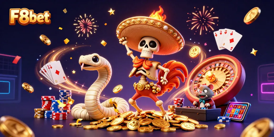 F8bet celebrates gaming with vibrant dancing characters amidst glittering coins and casino elements.