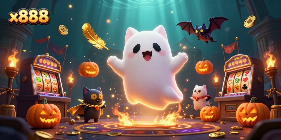 Experience x888 excitement with a floating ghost cat and vibrant casino elements in a whimsical scene.