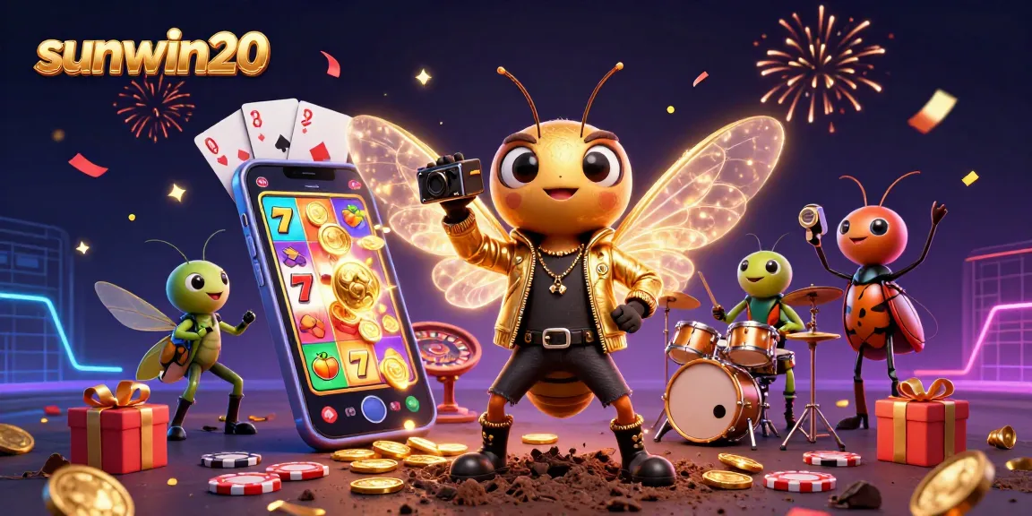 Experience sunwin20 excitement with a vibrant 3D casino celebration featuring a rock star and dynamic slot games.