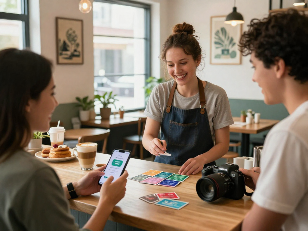 Loyalty program engagement at a small business cafe with a customer showing their app.