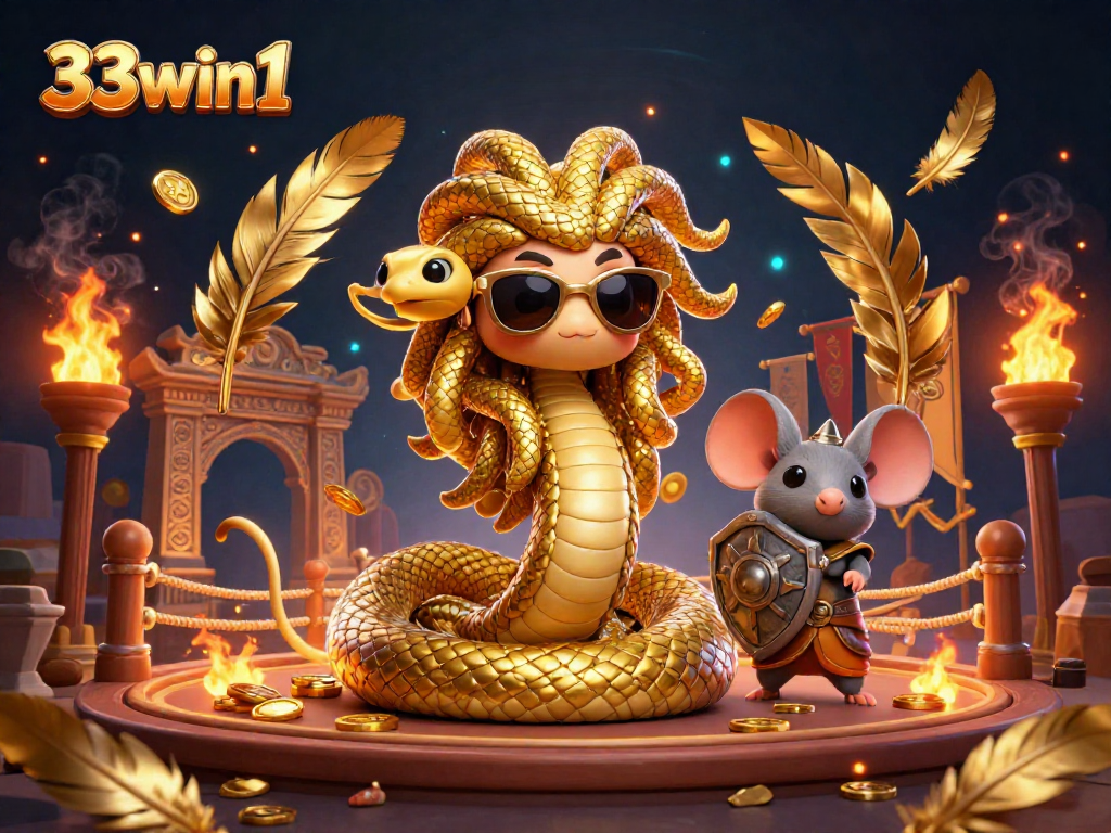 33win1 Medusa and warrior mouse in a vibrant casino scene with golden elements.
