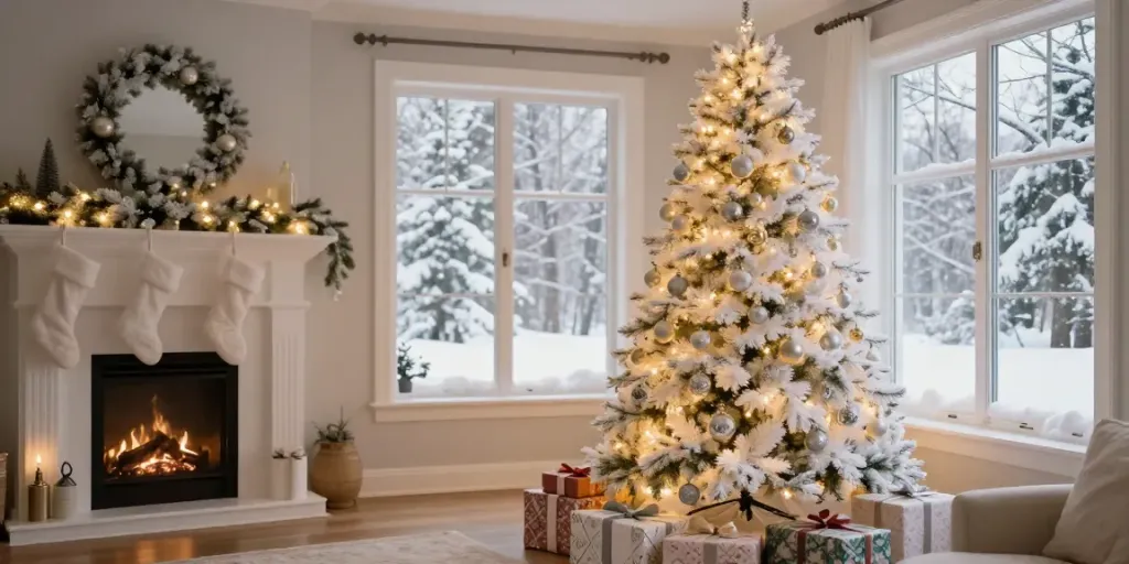 Stylish living room with a pre-lit white artificial Christmas tree adorned with gold and silver ornaments.
