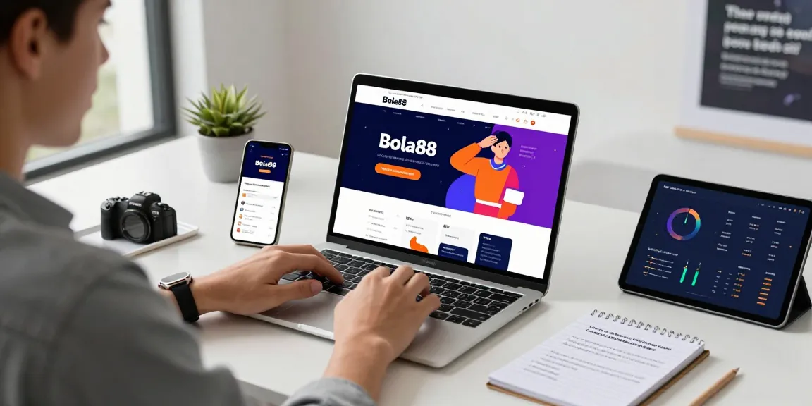 Bola88 user engaging with a modern digital platform in a vibrant workspace, showcasing easy navigation and tools for an optimized experience.