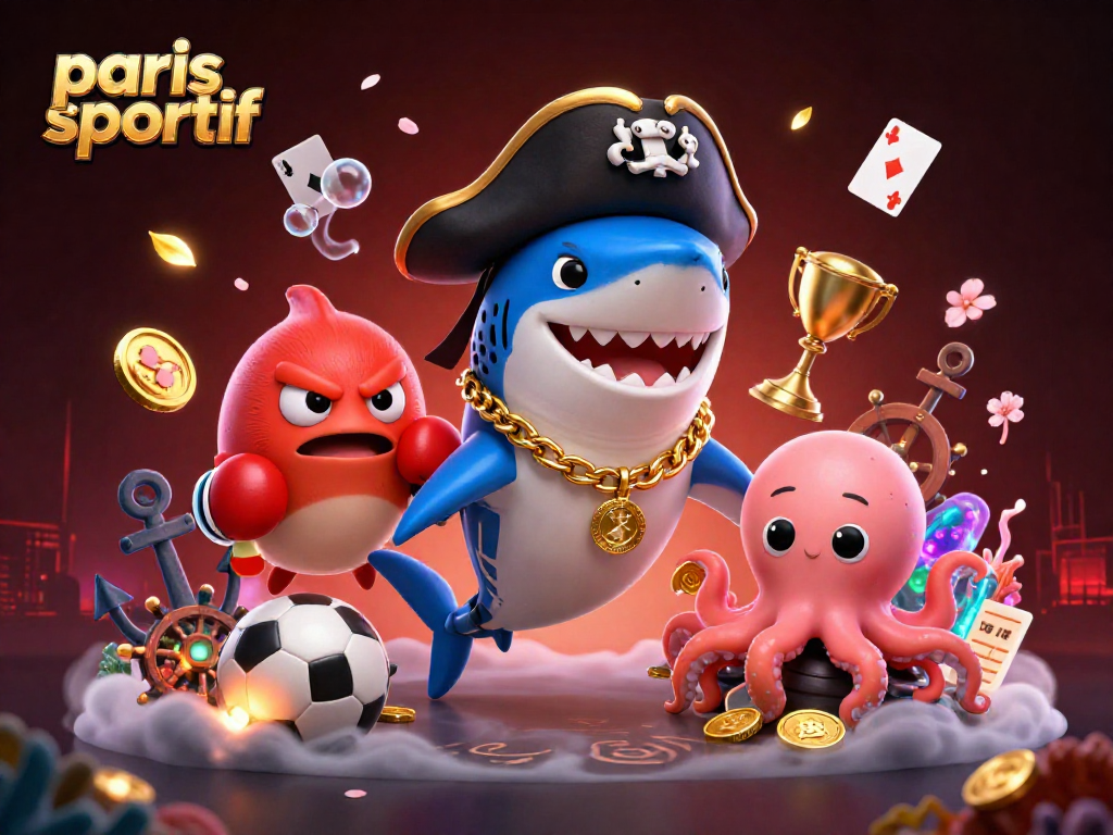 Placer des paris sportifs en ligne tout en profitant d'une illustration vibrante d'un requin pirate cartoon et ses amis.