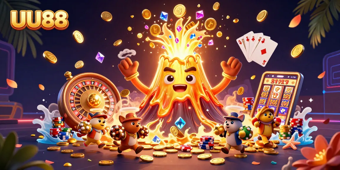 UU88 volcano explodes with treasure as explorers flee, showcasing vibrant casino excitement.