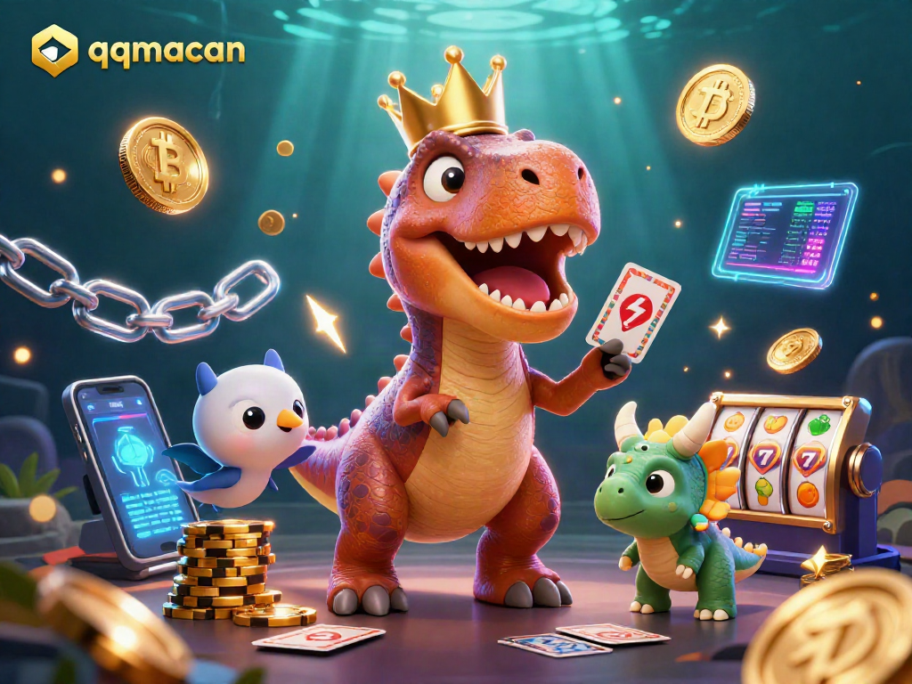 Engage with qqmacan's thrilling game scene featuring T-Rex dealing cards amidst slot reels and glowing coins.