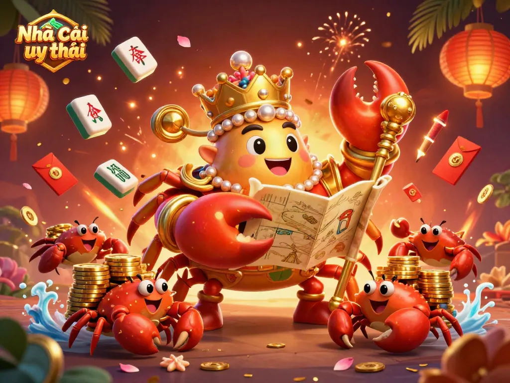 Experience the engaging Nhà cái uy tín scene with a golden crab emperor among lively casino elements.