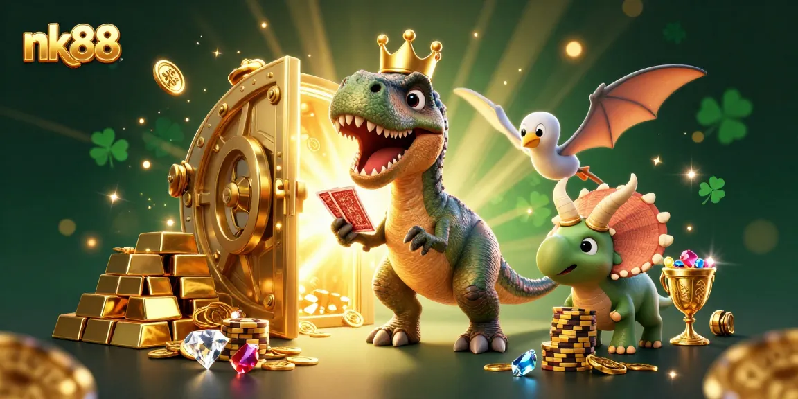 Experience thrilling gaming action at nk88 with 3D characters shuffling cards and stacking chips.