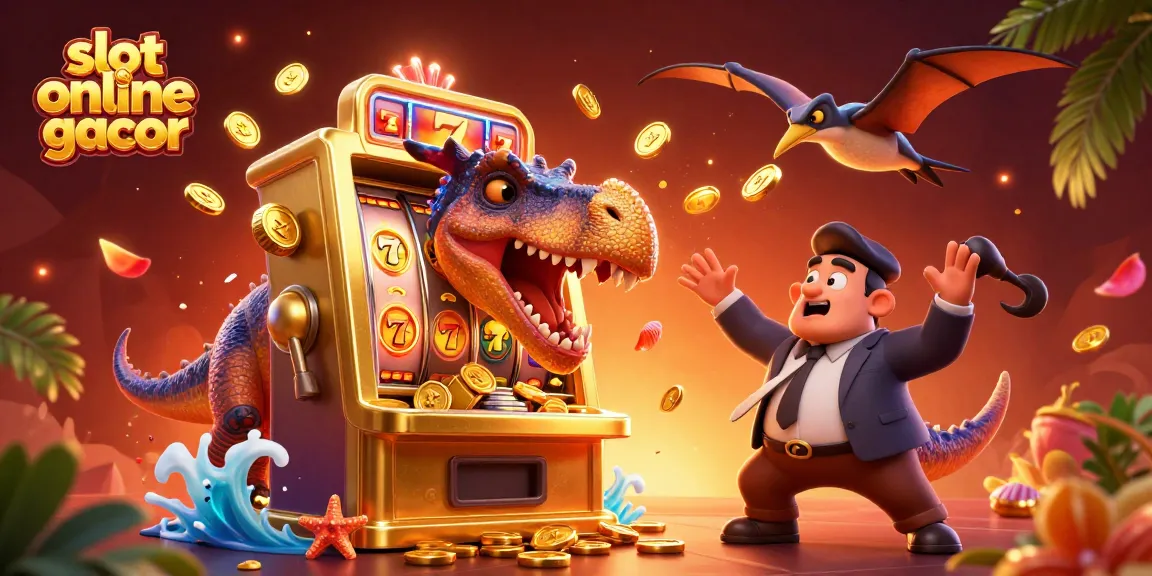 Permainan slot online gacor sedang berlangsung dengan dinosaurus memenangkan jackpot yang melimpah.