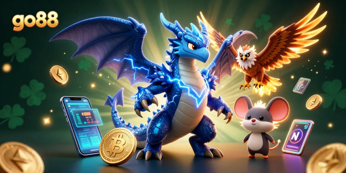 Experience thrilling gaming with go88's dynamic scene featuring a thunder dragon and crypto elements.