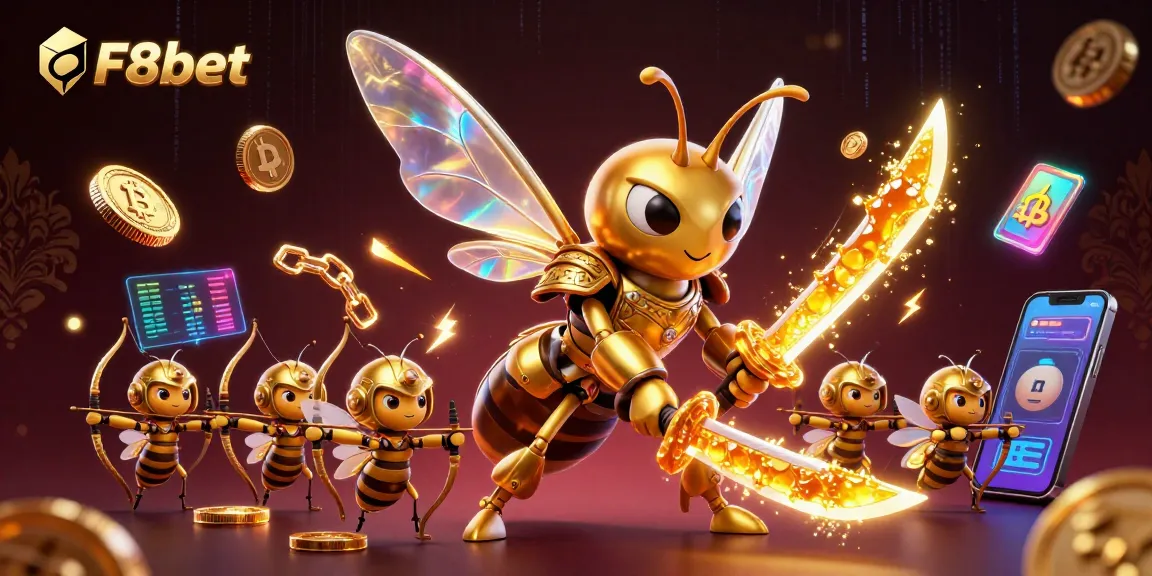 F8bet showcases an intense gaming scene with samurai hornets and crypto elements.