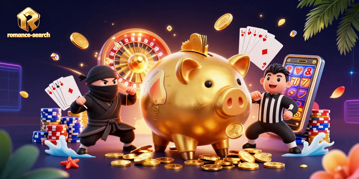 Witness the excitement of the romance-search slot game featuring a golden piggy bank and vibrant casino elements.