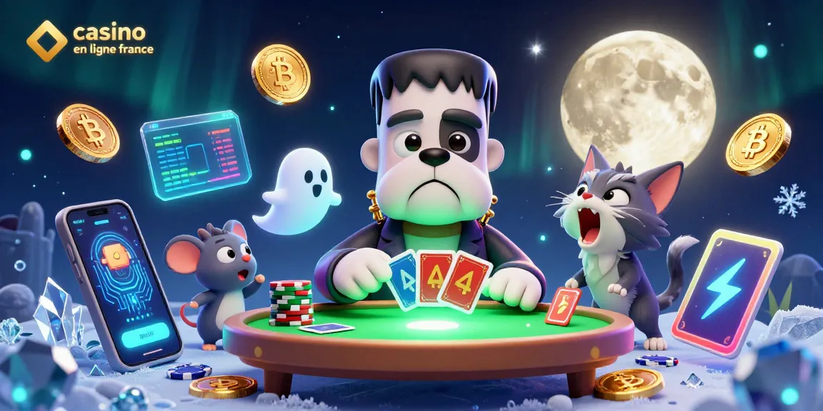 Jouez au casino en ligne France avec un bulldog Frankenstein et des éléments de crypto dans une scène animée.