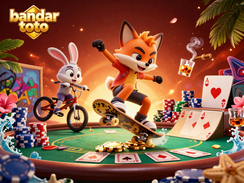 Experience the excitement of bandar toto macau with vibrant 3D characters surrounded by casino elements.