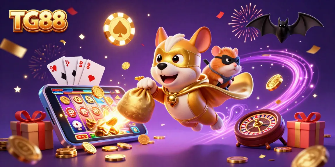 Playing at TG88 with a superhero dog and hamster amid gold coins and slot games.