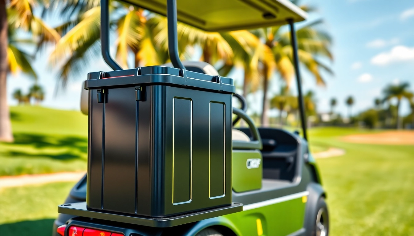 Lithium golf cart batteries powering a modern golf cart on a sunny course.