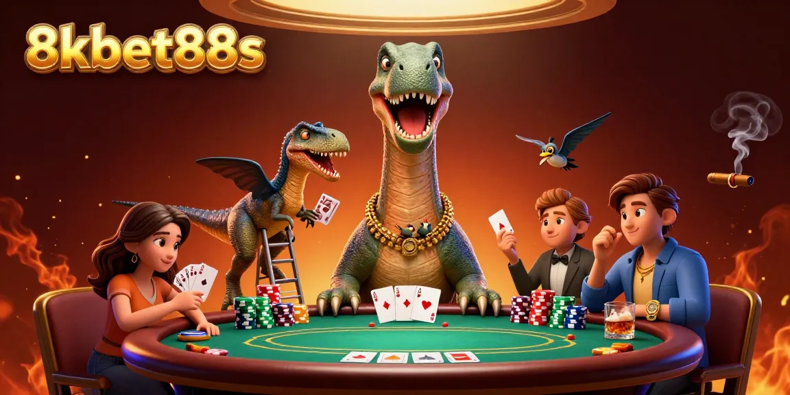 Experience thrilling casino action with 8kbet88s, featuring a giant brontosaurus at the poker table.