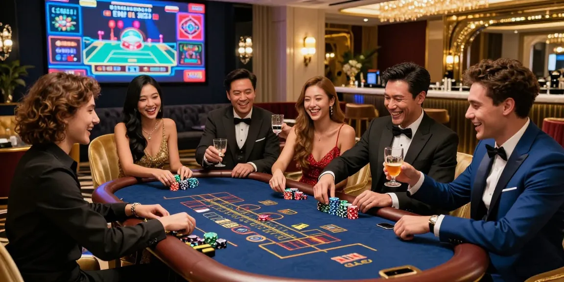 Kumpulan teman sedang bermain di meja gaming mewah di Lounge, menikmati pengalaman judi online dengan Link LUXURY777.