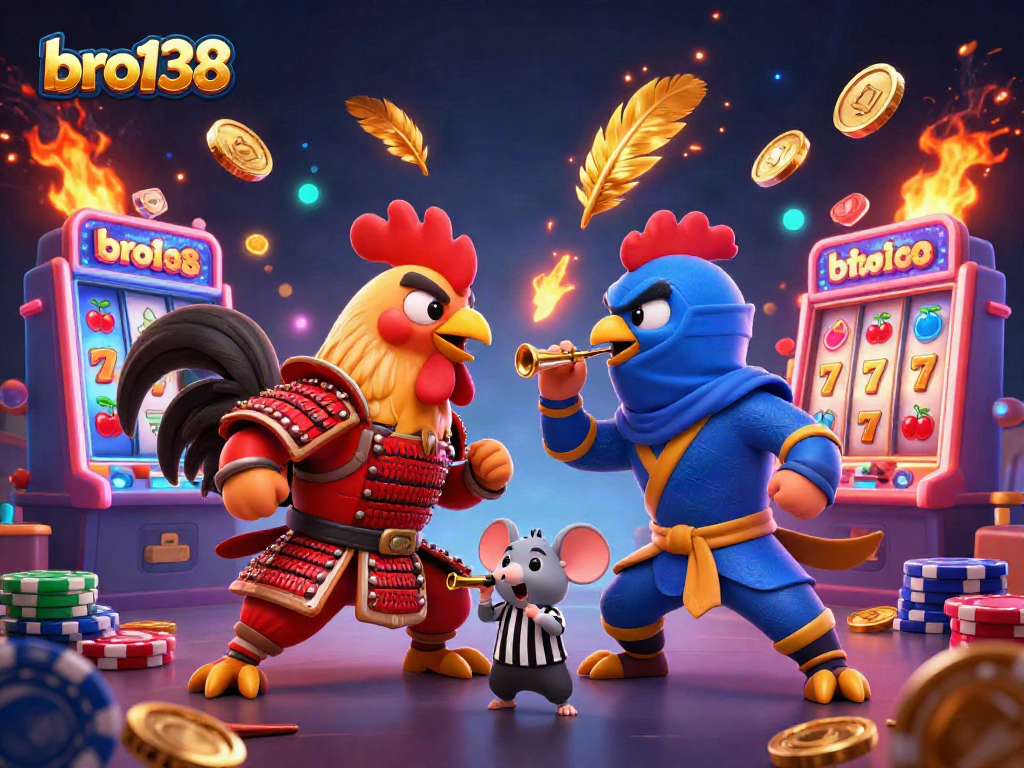 Engage in exciting slot action with bro138's vibrant 3D cartoon scene featuring fighting roosters.