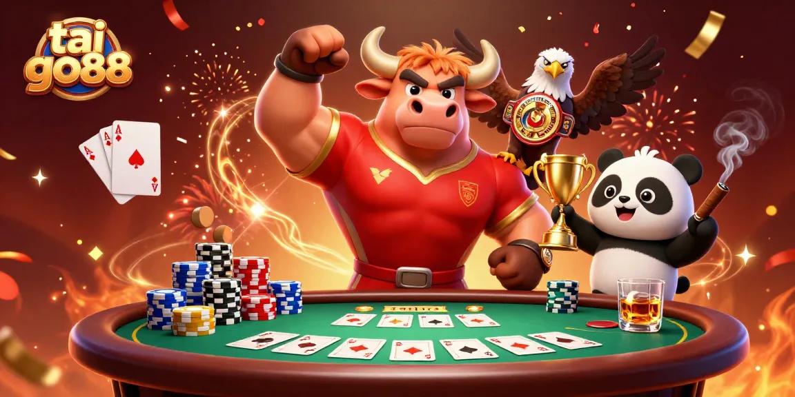 Experience the thrill of tai go88 with a victorious bull mascot and exciting poker elements!
