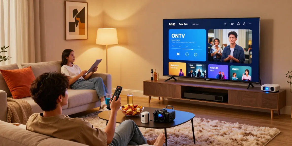 Engaging home entertainment scene with Atlas Pro ONTV streaming on a smart TV, showcasing comfort and family movie night.