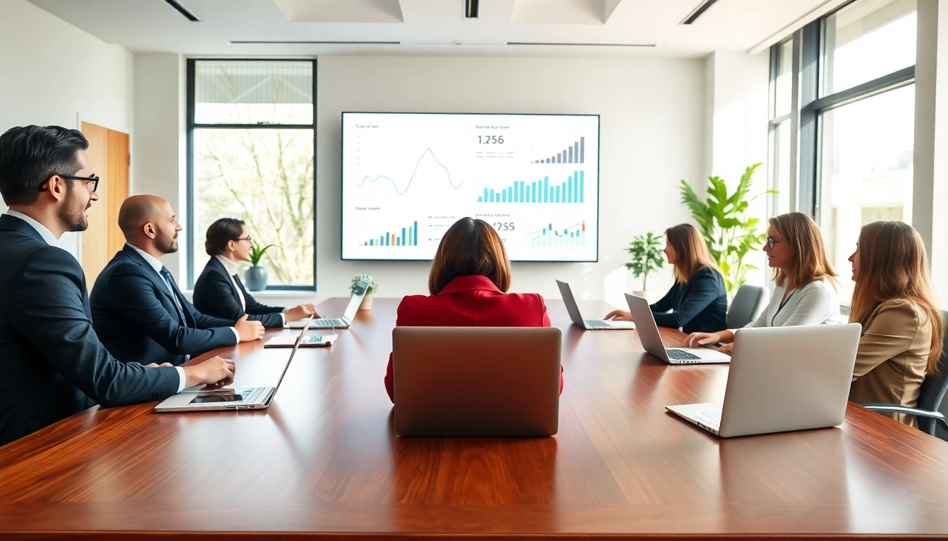Engaged professionals discussing business phone contract deals in a modern meeting room.