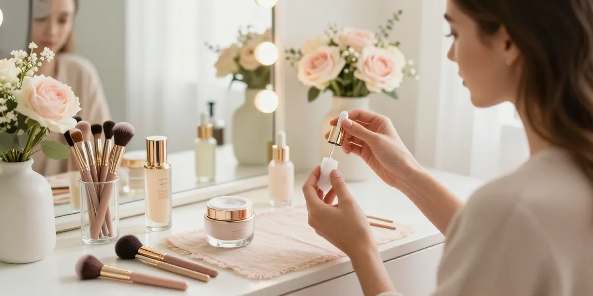 Rutin perawatan kecantikan LUXURY12 dengan produk mewah di meja rias yang elegan.