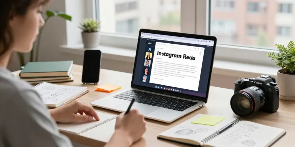 AI tools for Instagram Reel scripts being used by a content creator in a creative workspace.