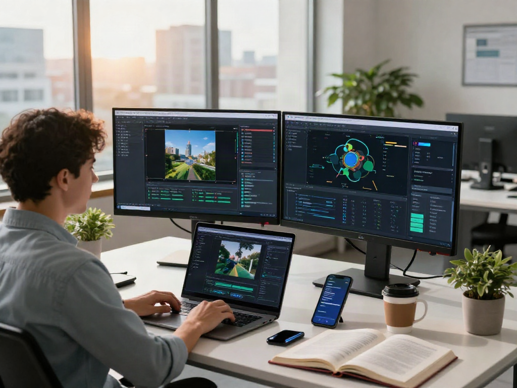 AI Image Detection in a tech workspace showing a data scientist analyzing algorithms on dual monitors, creating an engaging environment.