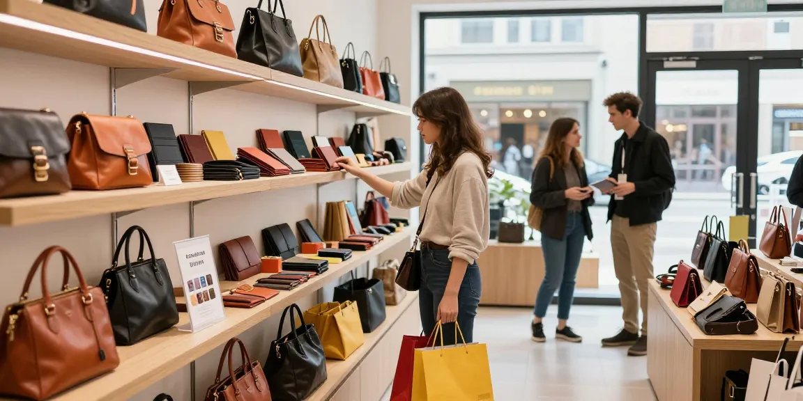 Shoppers exploring the leather product slot in a vibrant retail store.