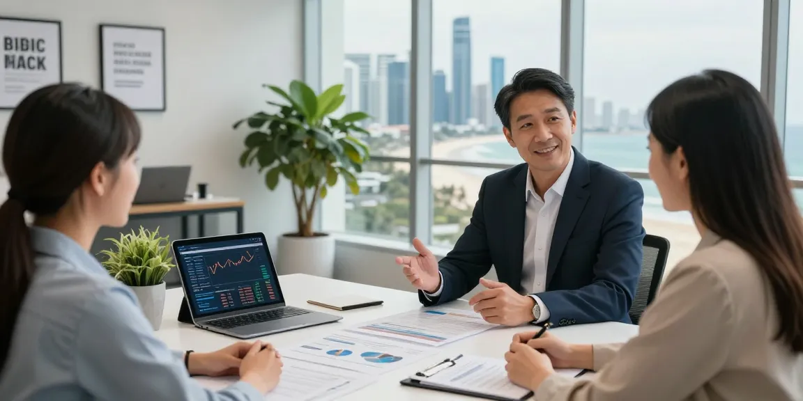 Financial Advice Gold Coast: Professional advisors guiding a couple in wealth management strategies in a modern office.