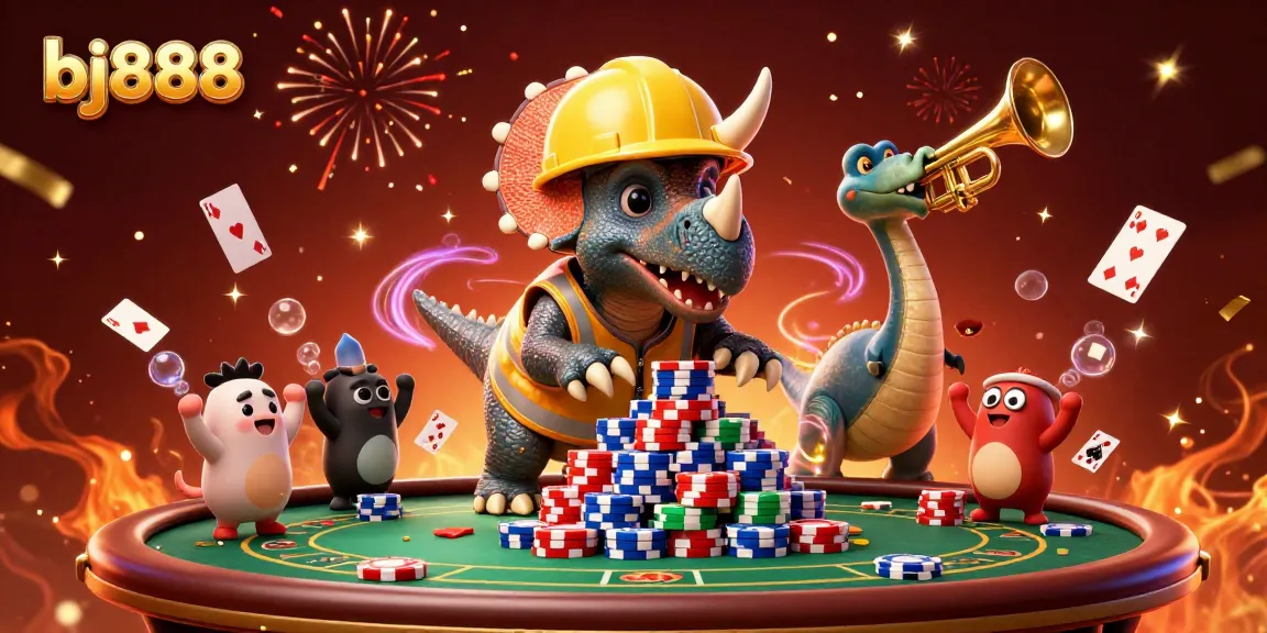 Engage in thrilling poker action with bj888 as a triceratops builds a chip pyramid and celebrates.