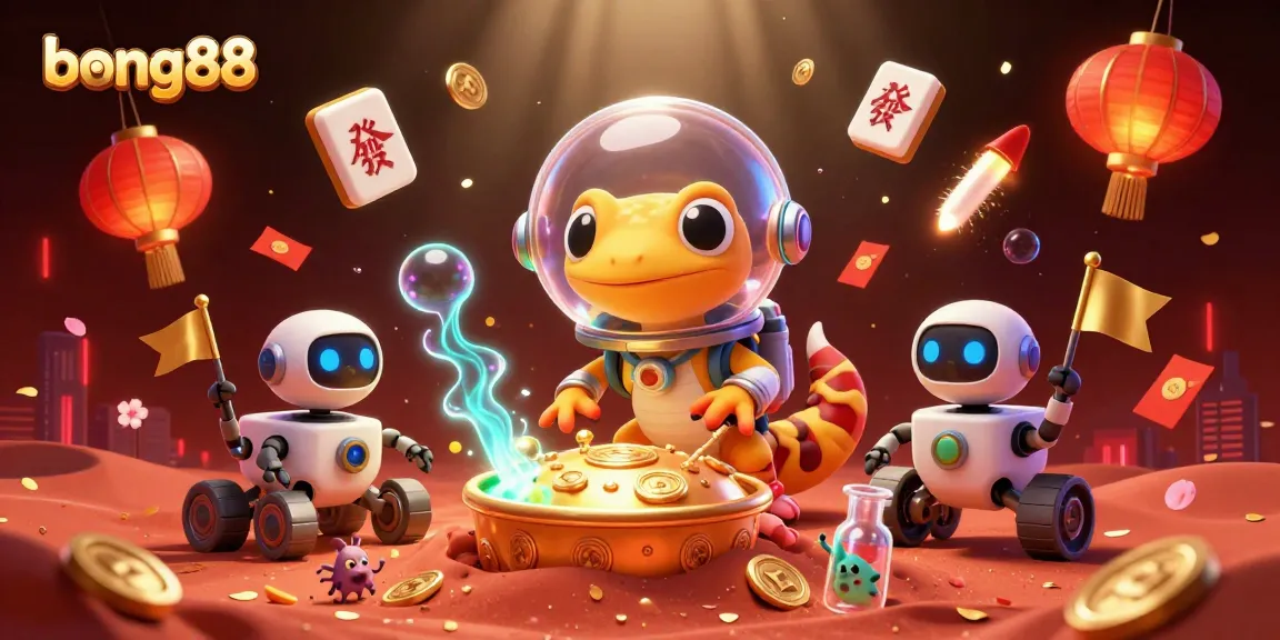 Explore the vibrant scene of bong88, featuring a Martian gecko discovering a golden casino on Mars with festive elements.