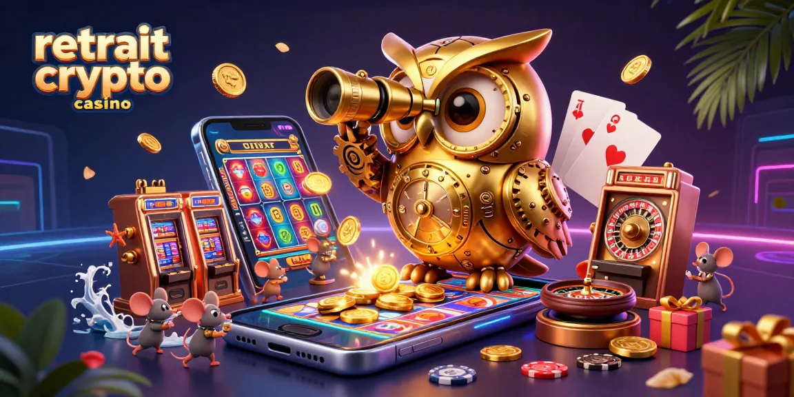 Retrait crypto casino avec des personnages de casino animés et une ambiance festive.