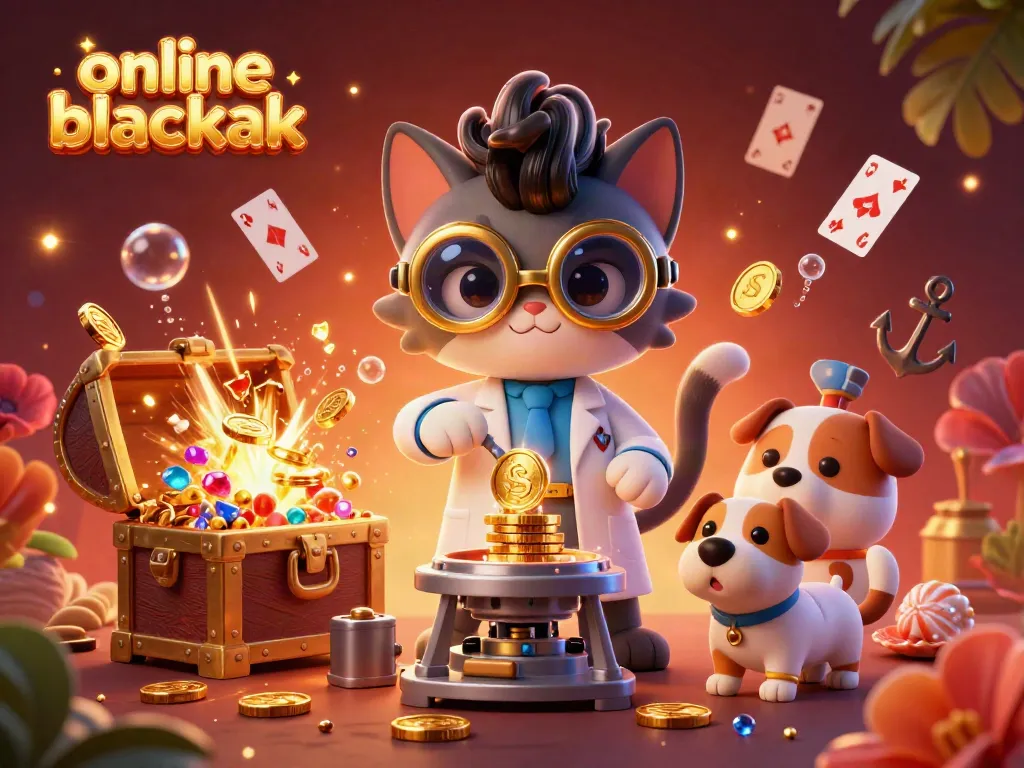 Play online blackjack with animated characters amidst a vibrant casino-themed explosion of gold coins and treasure.