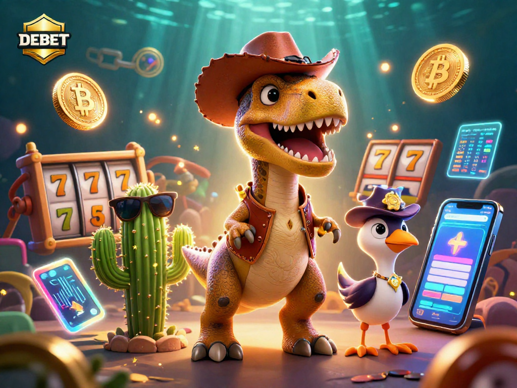 Engage with DEBET using exciting slot reels and dinosaur characters in a vibrant casino scene.