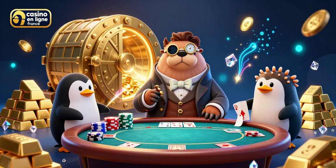 Célébrez le jeu au casino en ligne France avec une illustration de poker sous-marin, mettant en vedette un morse et un pingouin.