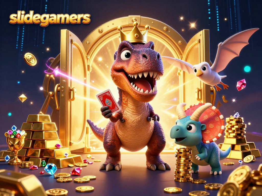 Experience thrilling gameplay with the slidegamers T-Rex, pterodactyl, and triceratops in this imaginative casino scene.
